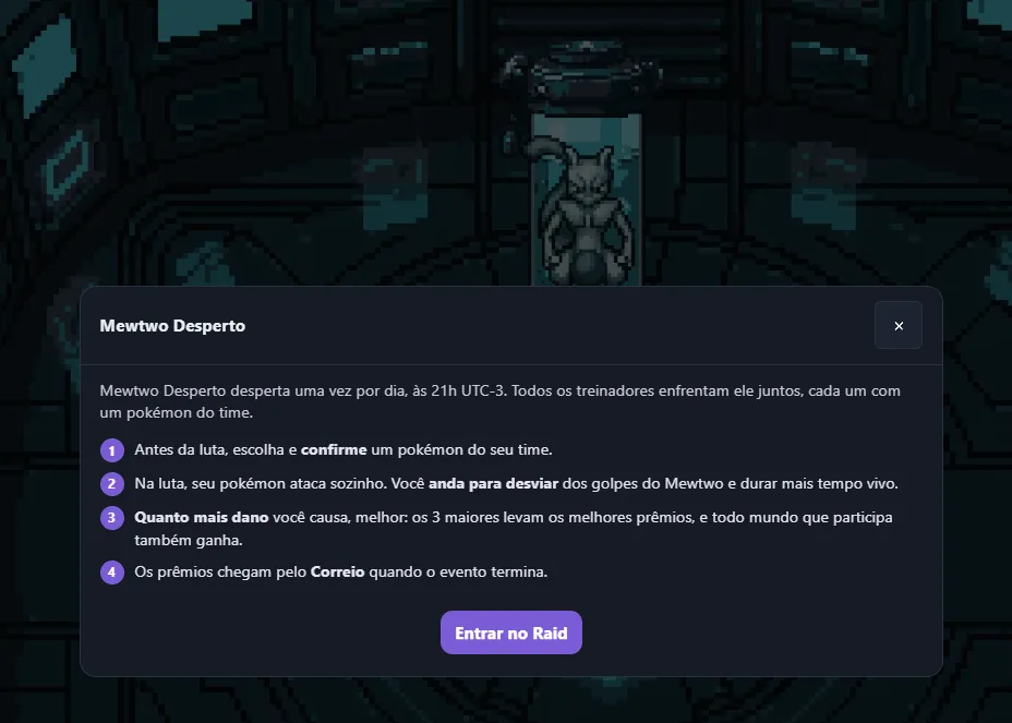 Tela do Raid do Mewtwo
