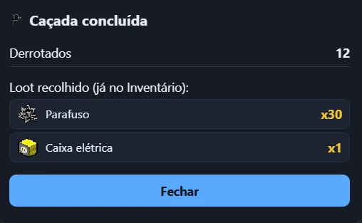 Resumo do fim da caçada com derrotados e loot