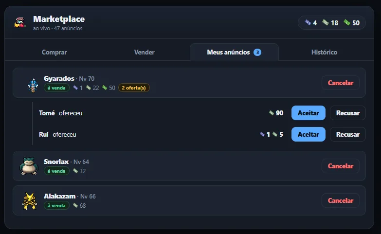 Aba Meus anúncios do Marketplace com ofertas recebidas para aceitar ou recusar